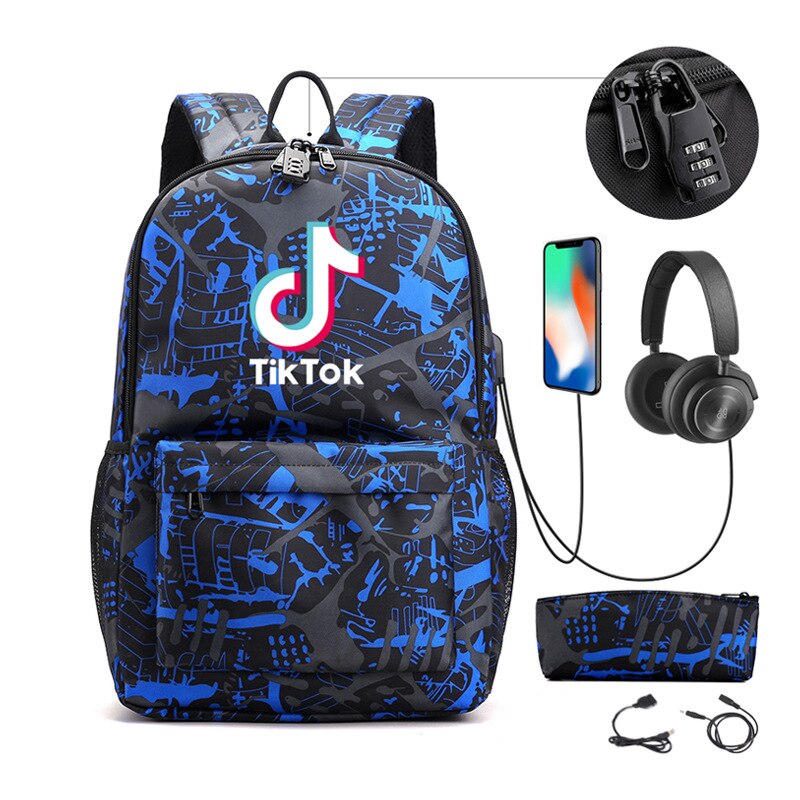 Tik Tok Rugzak Usb Charge School Rugzakken Jongens Meisjes Tik Tok Tieners Laptop Tassen 2 Stuks Reizen Rugzak Met Ketting: Paars