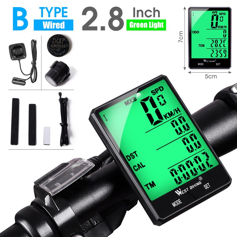 WEST BIKING-velocímetro de ciclismo, ordenador con pantalla grande de 2,8 pulgadas, resistente al agua, 20 funciones, inalámbrico y con cable, para bicicleta de montaña: B Wired
