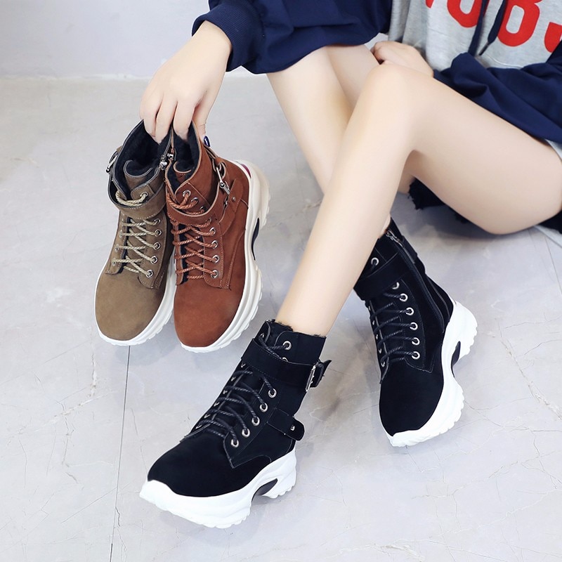 Grande taille en peluche bottes d'hiver grosses baskets bottines femmes chaussures femme à lacets fermeture éclair boucle épaisse semelle plate-forme chaussures
