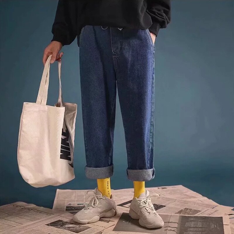 Män solida lösa jeans herr höst vida jeans byxor jeans man vintage raka ankellånga jeans plus storlek: Blå / 27