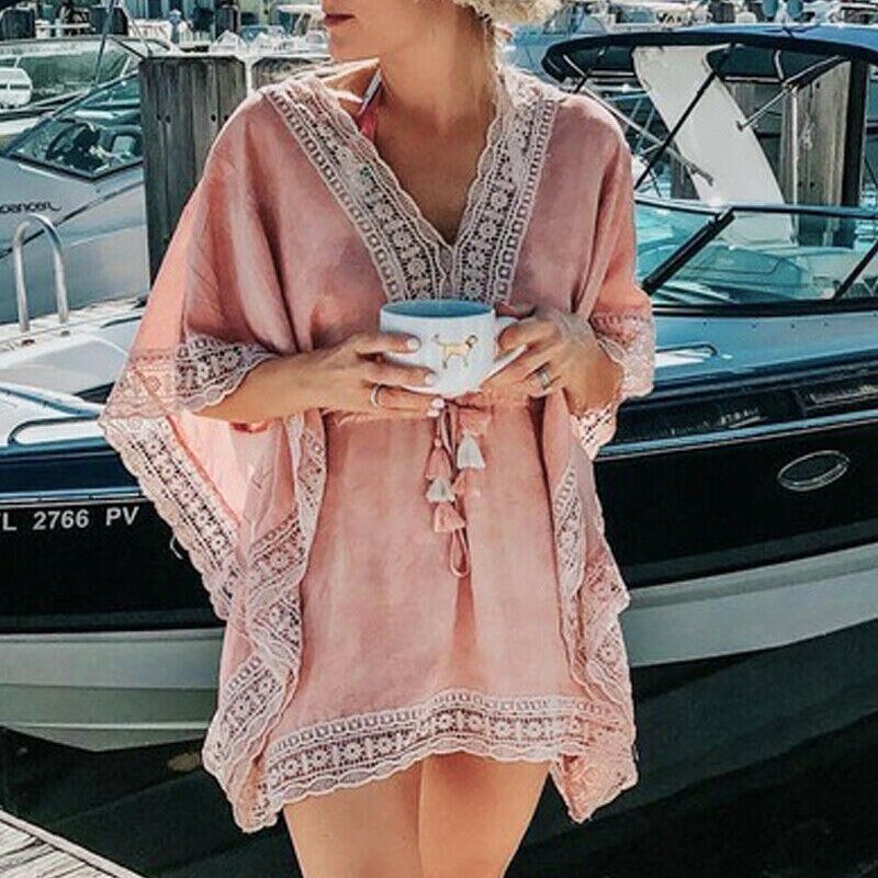 Boho strand kvinde blonder hæklet hul mini cover-ups kjole elastisk samle talje badetøj kaftan batwing badedragt dække op: Lyserød