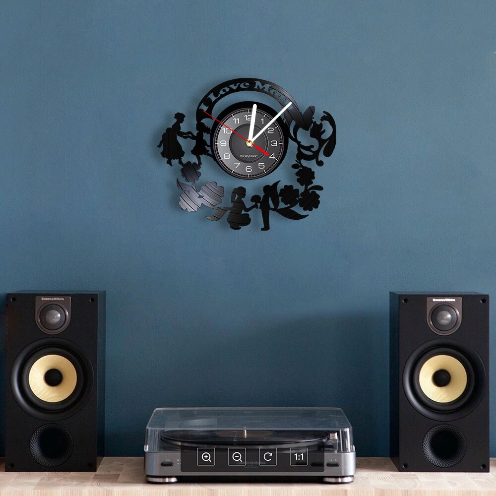 I Love Mom Wall Sign Wall Clock Mom Day Vintage Vinyl Record Wall Clock Mother and Kids with Flowers Home Decor Mothers Day