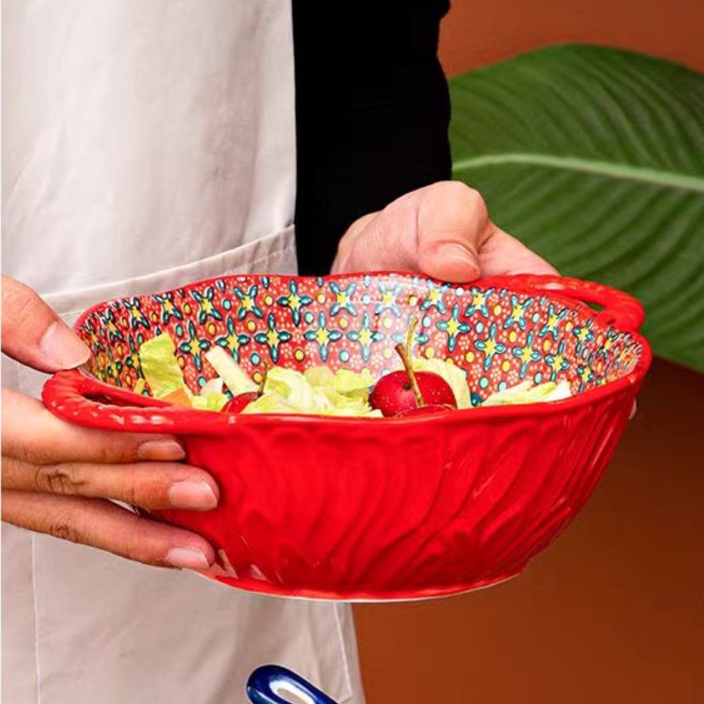 Tigela de sopa de cerâmica estilo boêmio com alça, design seguro para micro-ondas em relevo, ótimo para servir sopa, saladas, macarrão ramen