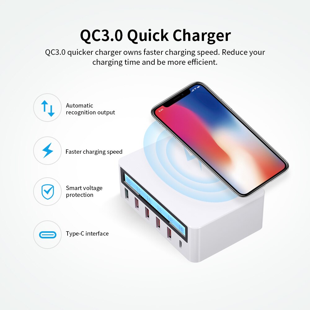 USB Smart Charging Station 6 Ports LCD USB Charging Dock QC3.0 Fast Charging Universal Compatibility Charging Station for PC