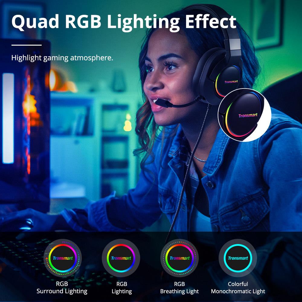 [Dobry pomocnik do gry] 2021 nowy Tronsmart Sparkle Virtual 7.1 gamingowy zestaw słuchawkowy z oświetlenie RGB, Port USB komputer, Laptop