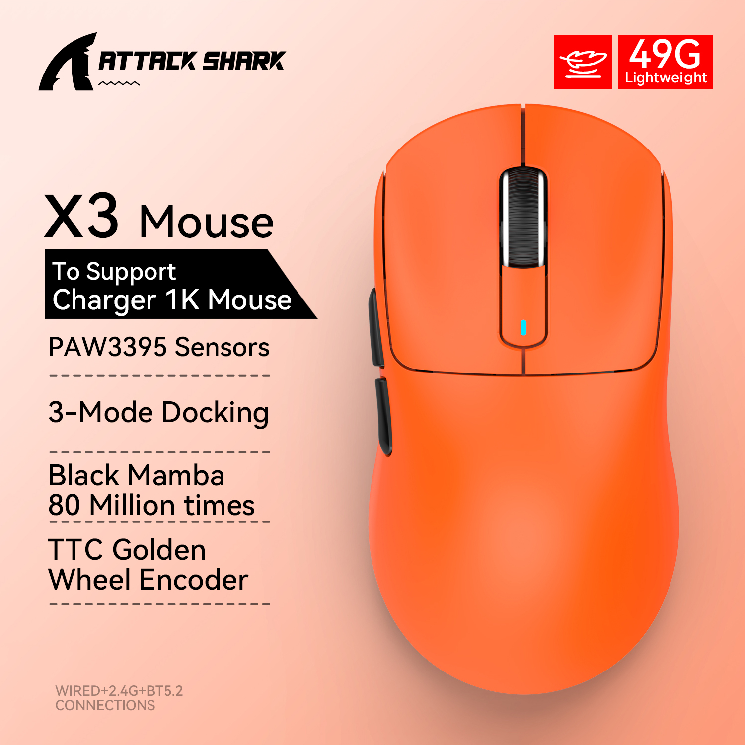 X3 PixArt PAW3395 mysz Bluetooth 2.4G połączenie Tri-Mode, 26000dpi, 650IPS, 49g lekka makro mysz do gier: SZARY