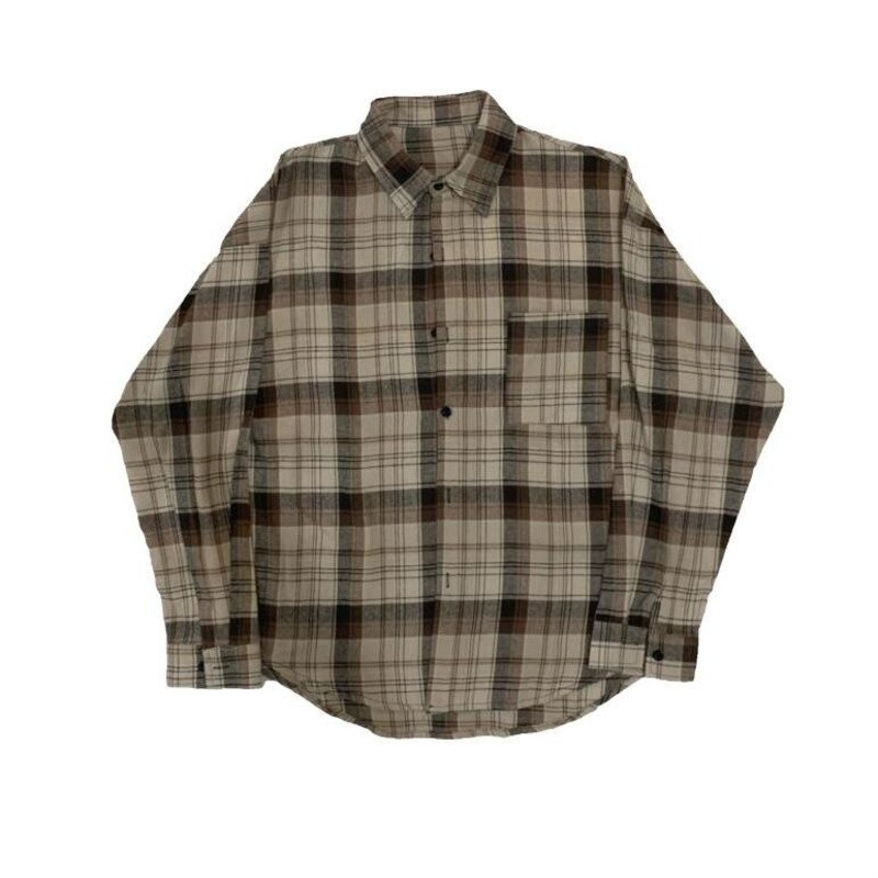 Våren bomulls rutig skjorta herr retro brun fritidsskjorta herr streetwear vilda lösa långärmade skjortor herr m-xl
