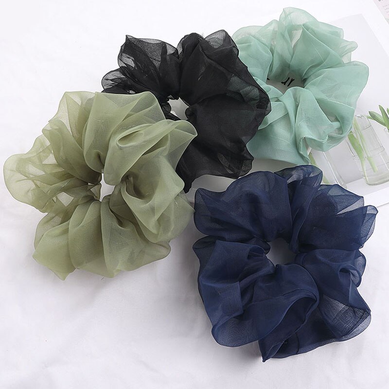 Scrunchies de malla de gran tamaño para mujer, cuerda romántica para el cabello rosa y azul, lazos para el cabello de Organza de tul transparente, accesorios para el cabello, banda para el cabello