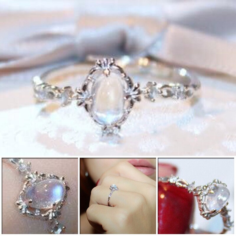 Frauen Vintage Silber Ring Wasser Tropfen Mondstein Ringe Weiß Stein Ring Weibliche -Schmuck