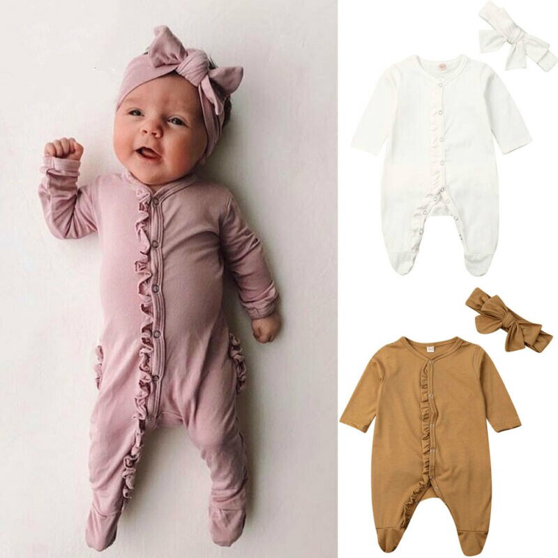 Neugeborenen Baby Baumwolle Footies Romper Kopfschmuck Langarm Rüschen Solide Overall Baby Jungen Mädchen Kleidung 0-12M