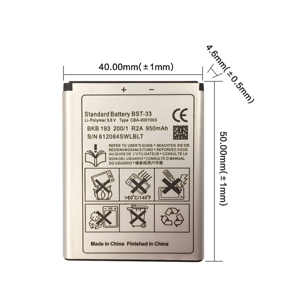 Batterie BST-33 pour SONY ERICSSON W715, W850i, W880i, W890, W900i, W950i, W960i, pour Yari, Z530i, Z610i, Z750, Z750i, Z800