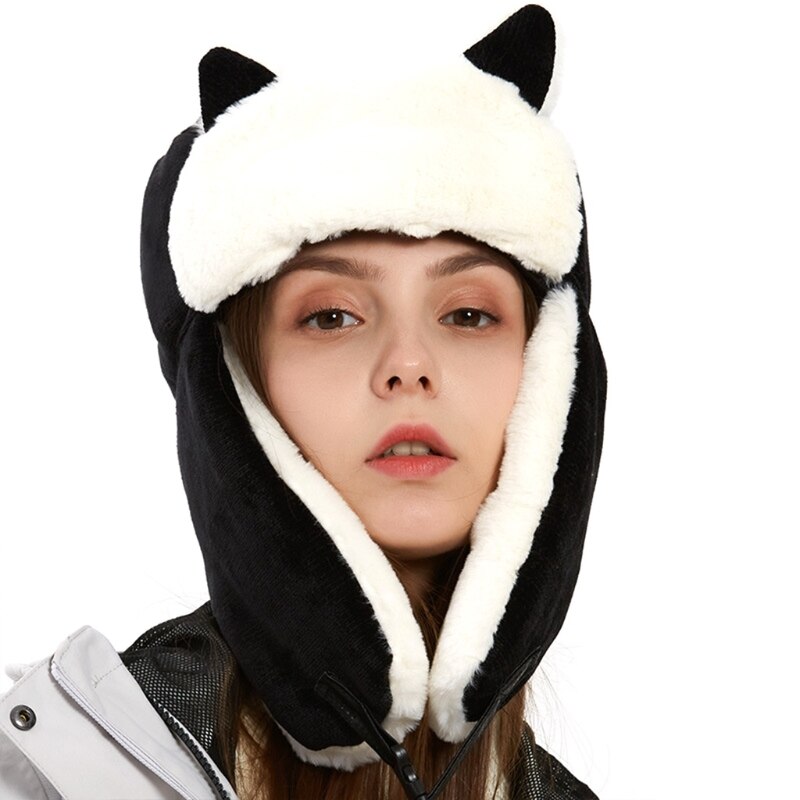 Women Winter Thicken Plush Lining Trooper Bomber Hat Lady Cute Cat Ears Outdoor Cold Weather Snow Ski Windproof Earflap Cap: Black