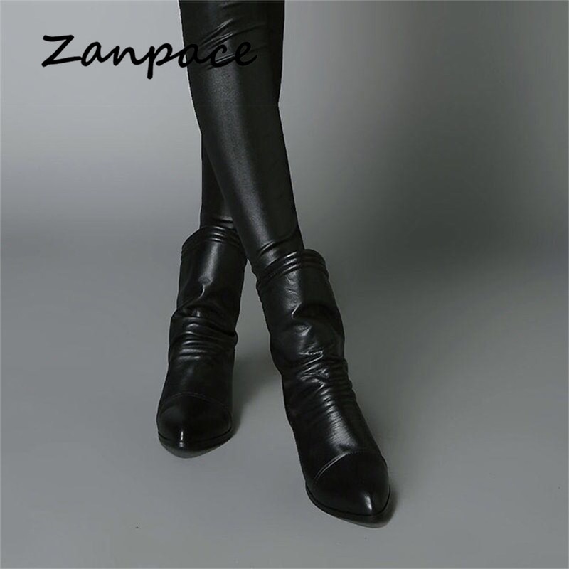 Leren laarzen winter zwarte enkellaarsjes voor dames herfst hoge hak grote maat 43 damesschoenen rits zapatos mujer