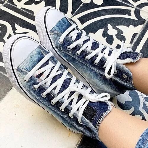 Kvinne komfortable sko sommer damesko denim lerret stor størrelse damesko høy-topp sko snøringe flat