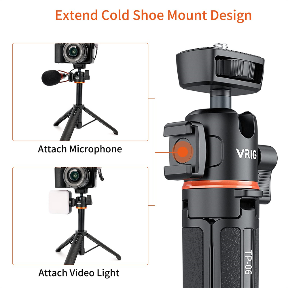VRIG TP-06 trípode de teléfono con cámara de 4 secciones con cabezal esférico 360 zapato frío palo de Selfie trípode soporte para iPhone 15 14 13 12 cámara de teléfono