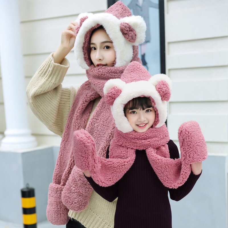 Foux Bomber Hats Women Kids Parent Child Winter Bear Ears Russian Cap Scarf Neck Gloves Snow Warm Baby Boy Girl Ushanka Trooper