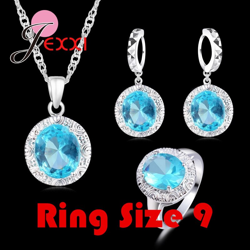 Luxury Pendant Necklace Earring Ring Jewelry Sets 925 Sterling Silver Crystal Wedding Engagment Set For Women: Ring Size 9