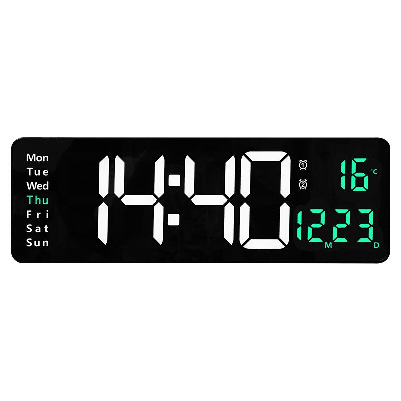 Horloge murale numérique avec télécommande, grand écran Led, Date, semaine, température, heure, compte à rebours, alarme, décoration pour la maison et le bureau,: Green temperature