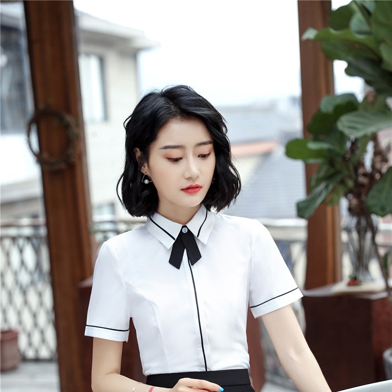 Blouses With Tie Formal Uniform Styles Summer Short Sleeve Blouse For Women Office Work Wear Tops Clothes Shirts