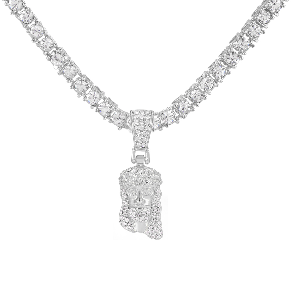 Colgante de cara de cabeza de pieza de Jesucristo para hombres, collar con dije de cristal brillante helado con cadena, joyería de Hip Hop: 70 cm / Color acero