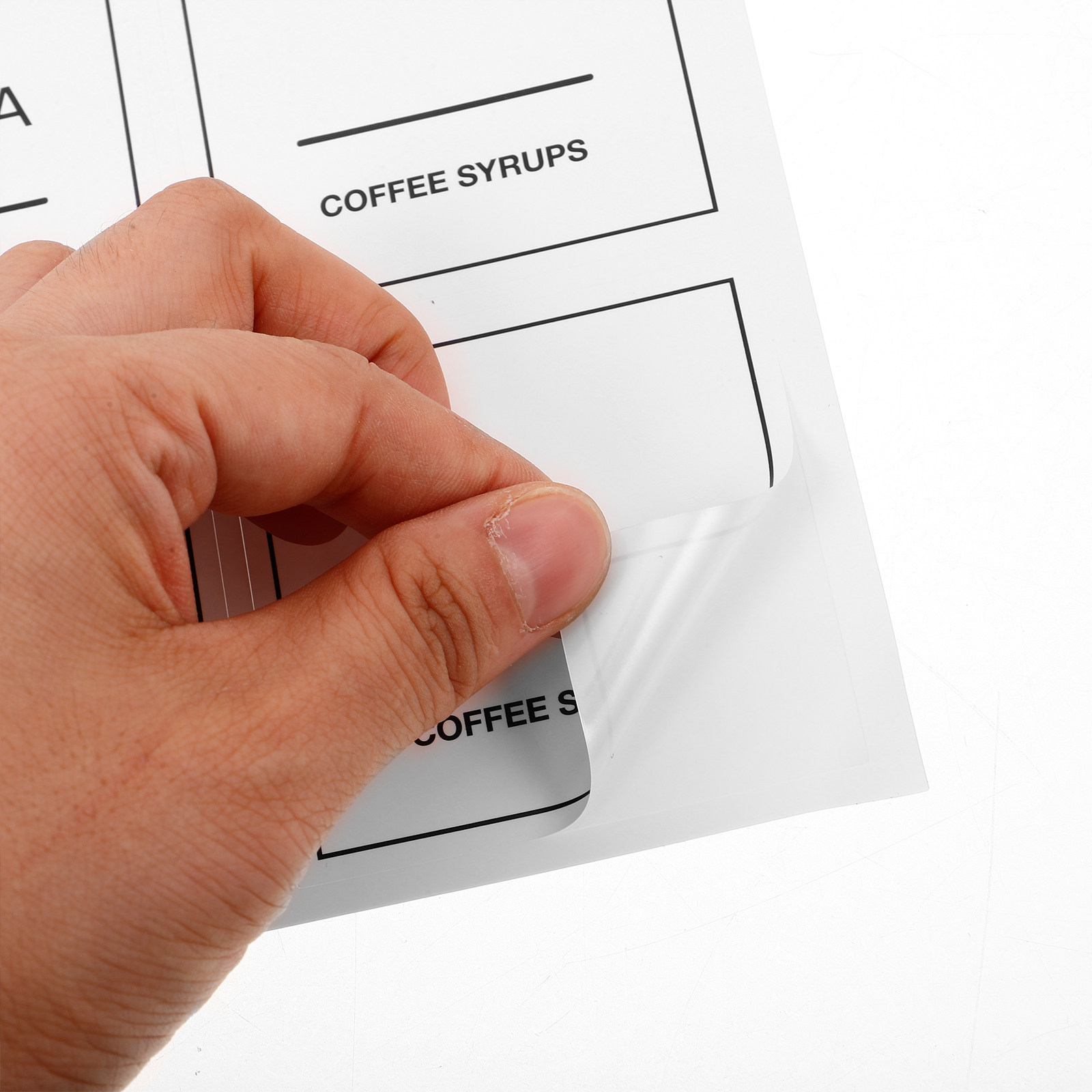 3 Blatt Kaffee-Etiketten, wasserfeste Kunststoffaufkleber für Sirupflaschen, transparente Klebeetiketten für Lebensmittelbehälter, Küchenorganisation