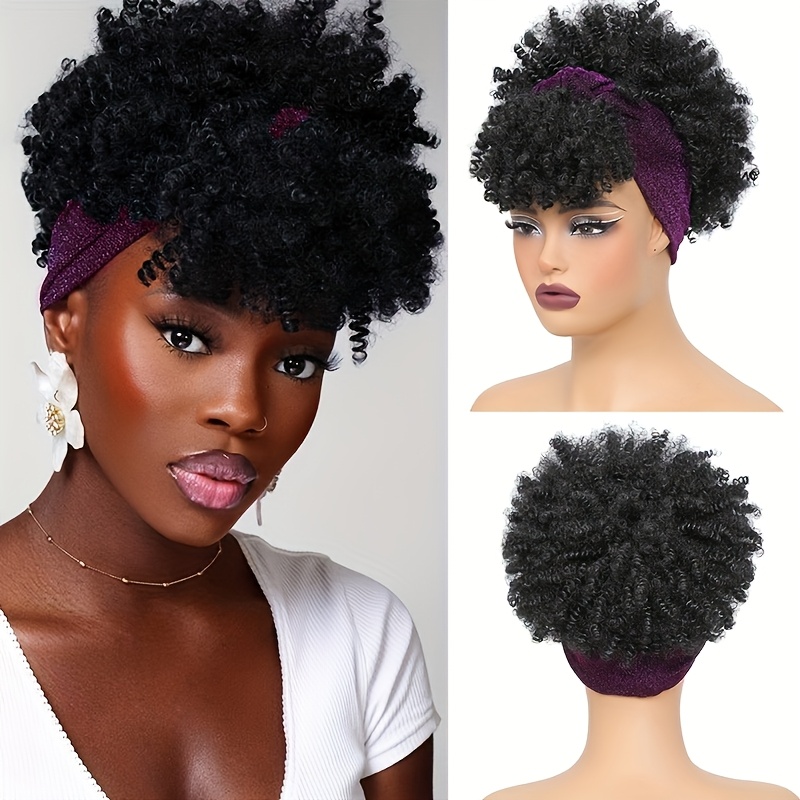 Afro Kinky Curly Headband Wigs Short Fluffy Curly Scarf Wig with Bangs Natural Synthetic Afro Curly Head Band Wig Cosplay: 4/30HL