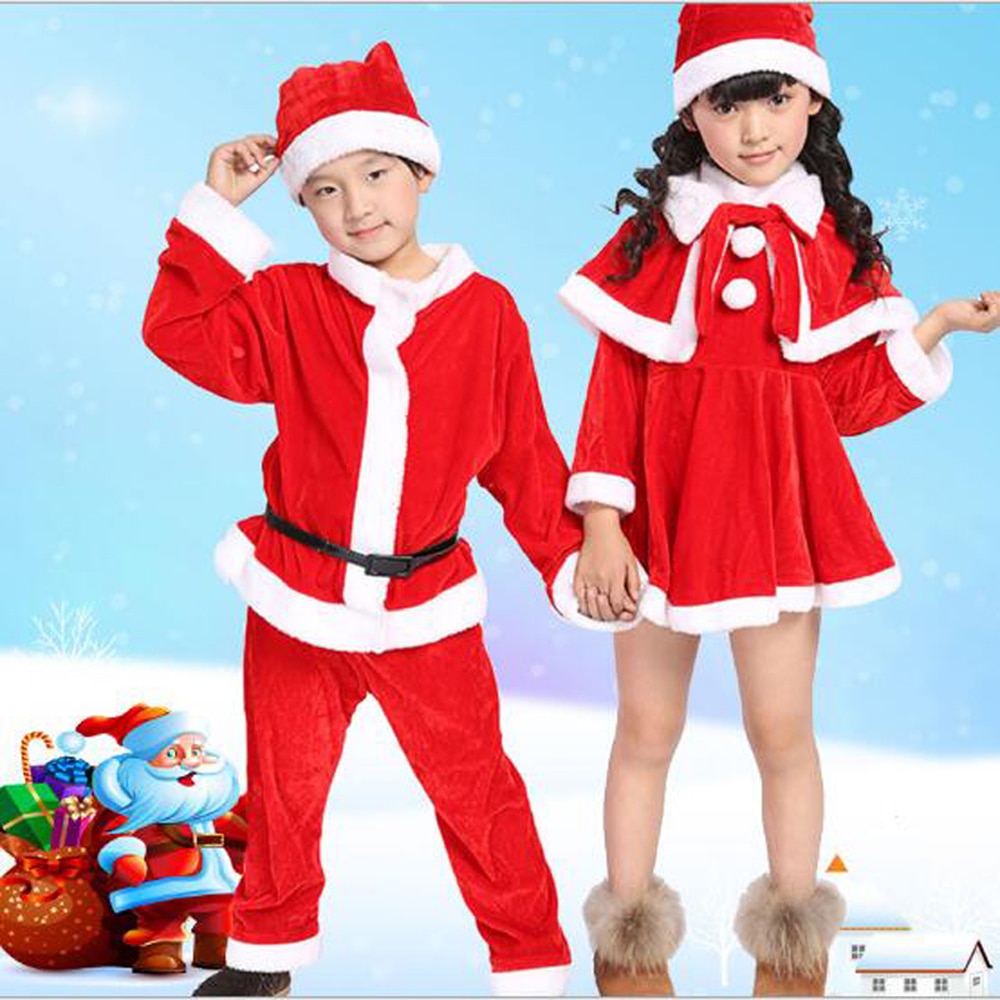 Bazzery Christmas Costumes for Children School Students Stage Performance Santa Claus Clothes Velvet Party Cap Coat Pants Props