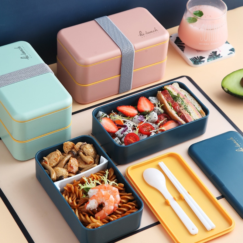 1200Ml Dubbele Lagen Lunchbox Met Lepel Mode Draagbare Magnetron Bento Box Gezonde Plastic Voedsel Opslag Container Lunchbox