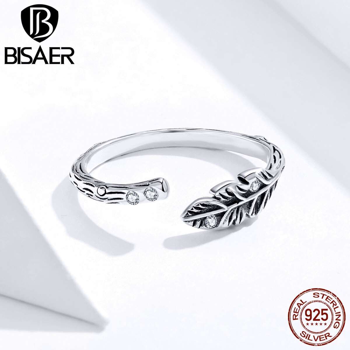 Leaves Finger Rings BISAER 925 Sterling Silver Tree of Life Openwork Women Rings Sterling Silver Jewelry ECR639