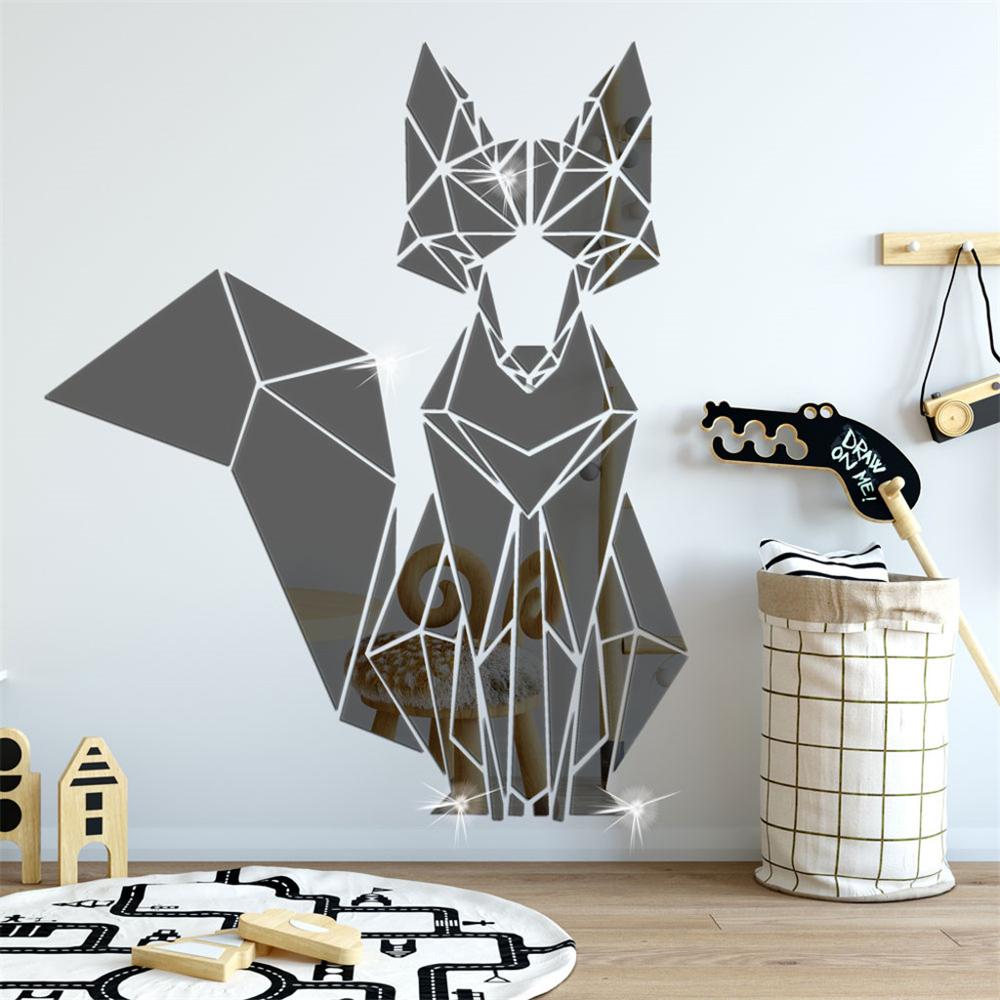 Geometrische Dier Foxs 3D Acryl Spiegel Muurstickers Woonkamer Muurstickers Gespiegeld Decoratieve Sticker Voor Kinderkamer Cd