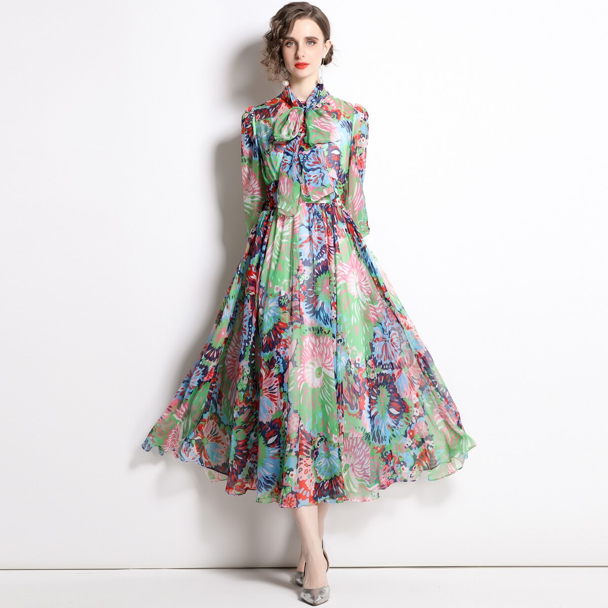 Vestido largo de gasa con estampado floral para mujer, traje bohemio de media manga con cuello de lazo, para vacaciones y verano, 2022