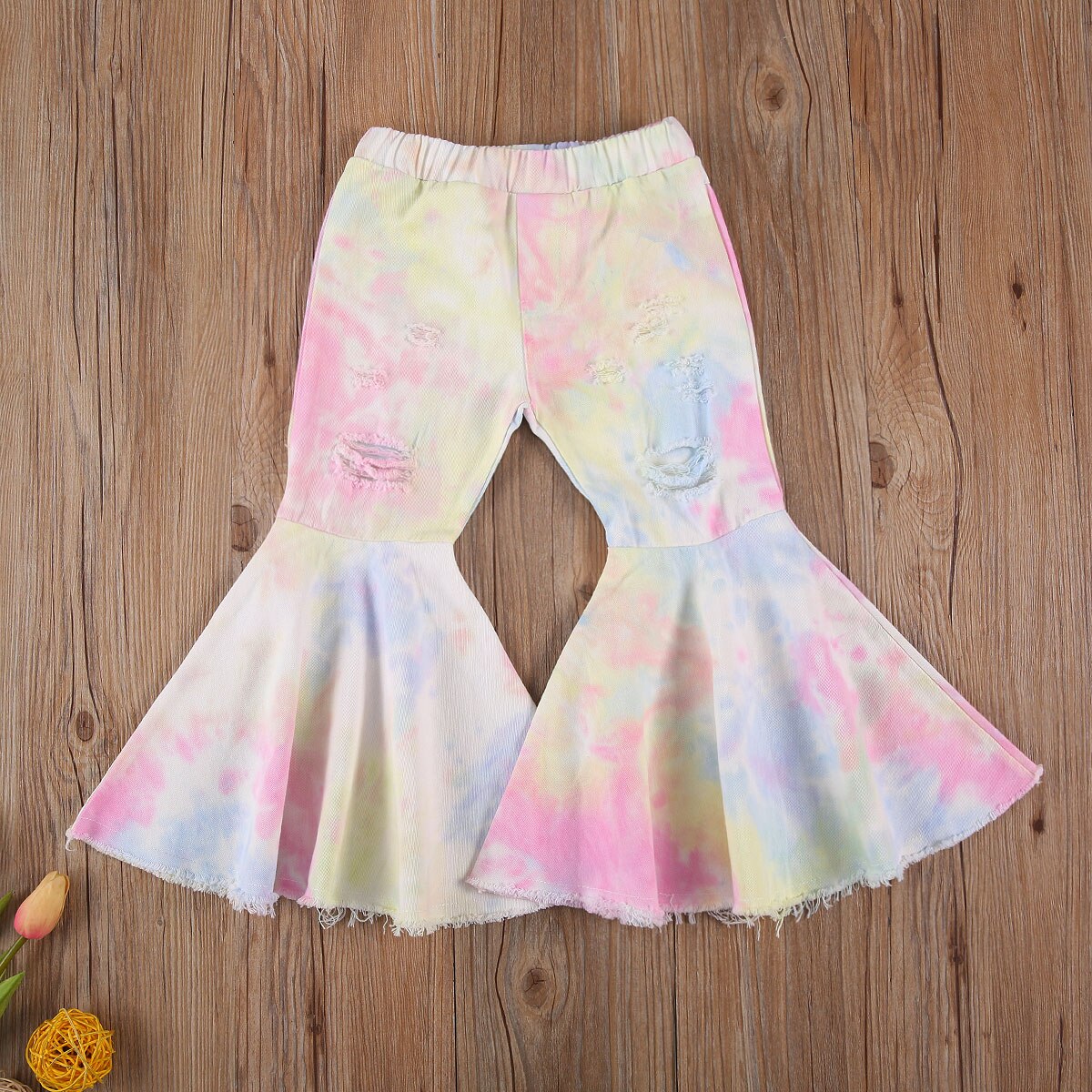 1-6T Toddler Baby Little Girls Autumn Spring Flare Pants, Stylish Ripped Tie Dye Printed Bell Bottom Pants Fall Clothes