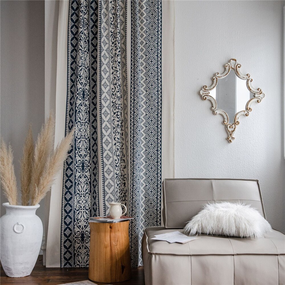 Cortina de lino estampado de algodón para el hogar, cortina semiopaca de cocina de porcelana azul y blanca de 1,5 M de ancho, cortina de ventana de la Bahía