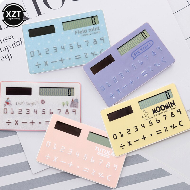 Solar Calculator Ultra Thin Mini Card Sized 8-Digit Portable Solar Powered Cartoon Pocket Calculator Stationery