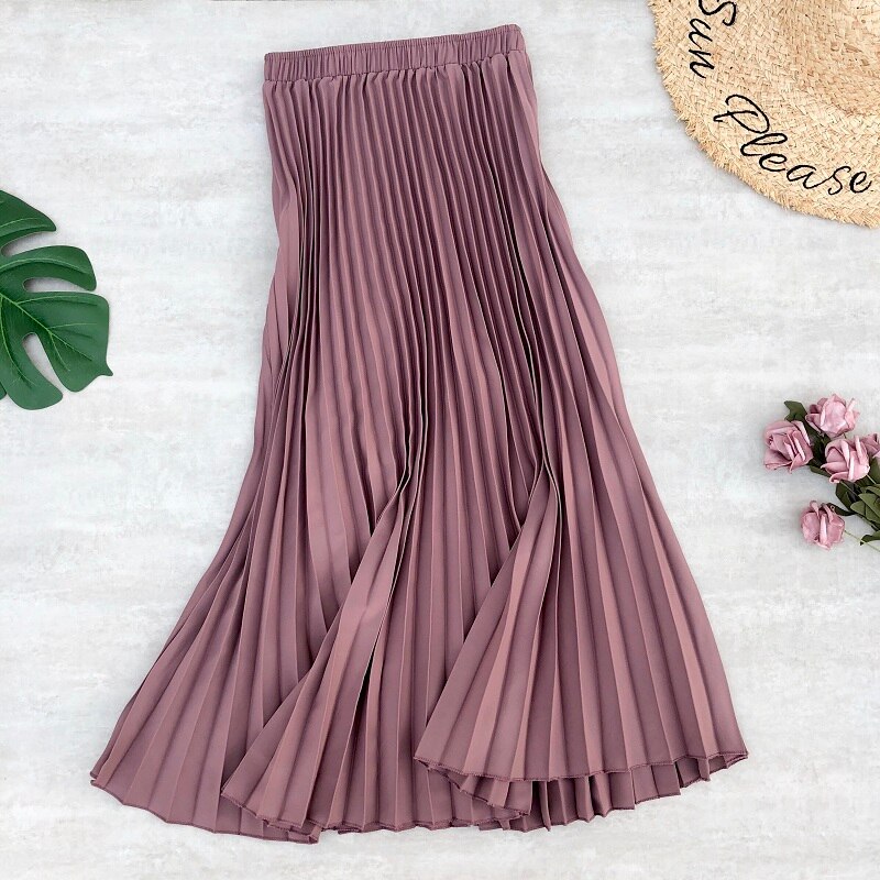 Faldas Midi plisada de gasa para mujer, faldas largas de cintura alta, Color liso, estilo informal, para primavera y verano: pink mauve
