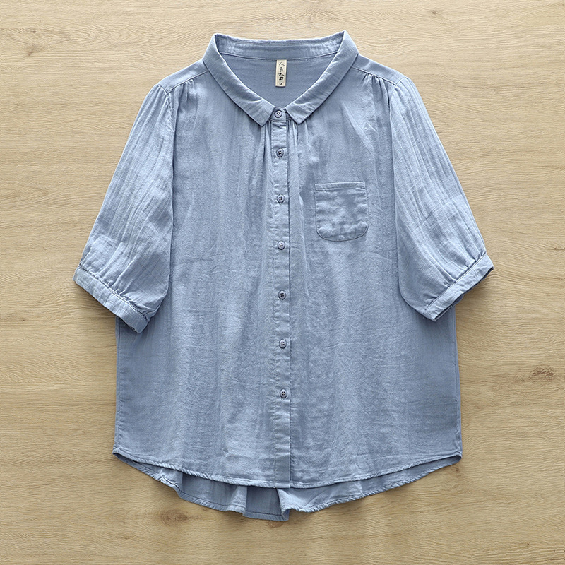 Neue Frühling Baumwolle Garn solide verlieren Hemd Frauen Revers Kurzarm oben Mädchen retro ol Pendel blusen 2024 Sommer t45449qc: L / Blau