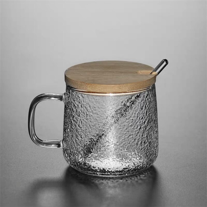 Heat Resistant Glass Coffee Mug with Lid and Spoon Office Silver Inlay Plum Blossom Teacup Transparent Hammer Pattern Milk Cup: A set