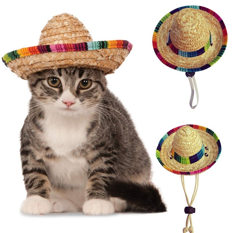 Sombrero mejicano de paja con hebilla ajustable para mascotas, Sombrero tejido de paja para perros, traje ajustable