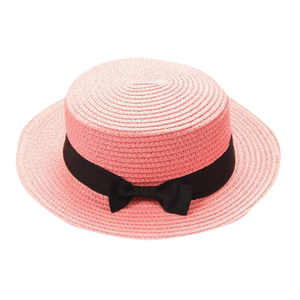 Bowknot Children Breathable Hat Straw Hat Kids Hat Boy Girls Cap Weaving Cap Unisex Straw Cylinder Bowler Hat #T1P: Pink