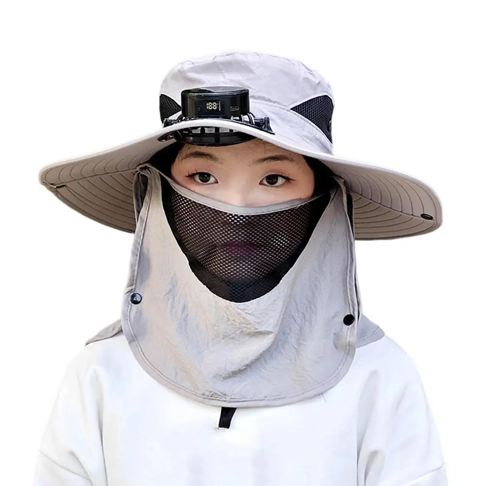 Sombrero con ventilador Solar con protector facial, solapa para el cuello, sombrero con protección UV, recargable por USB, para hombre, verano, pesca al aire libre, gorra de cubo de ala ancha: Beige