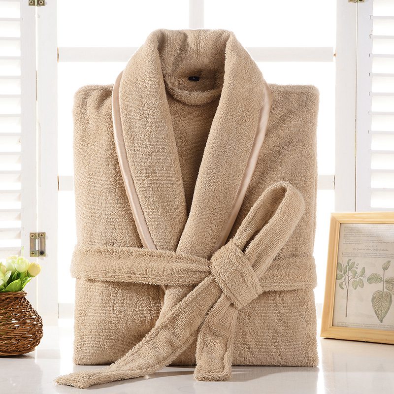 Badekåpe menn 100%  bomullshåndkle fleece tykk frotté varm brudepike badekåpe lang snor badekåpe par hotell hjemme morgenkåpe: kaki / L (165-180cm)
