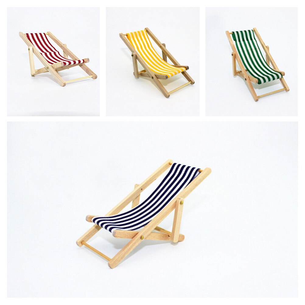 Silla plegable de madera a escala 1:12, casa de muñecas de playa para tumbona,