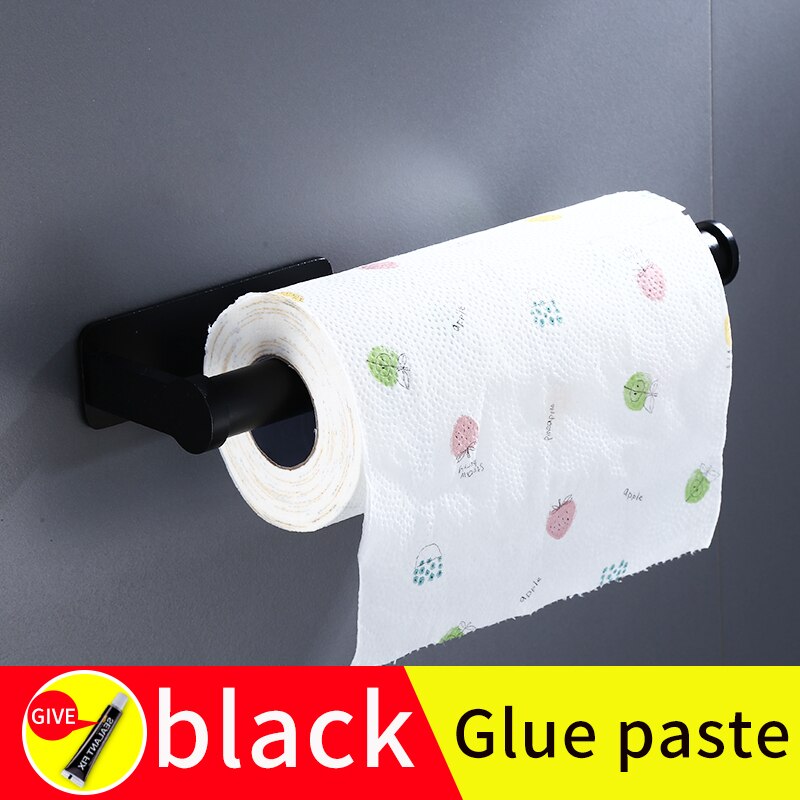 toilet paper holders black Wall mounted screw free installation Bathroom paper roll stand dispenser kitchen tissue roll holder: B-black(glue paste)