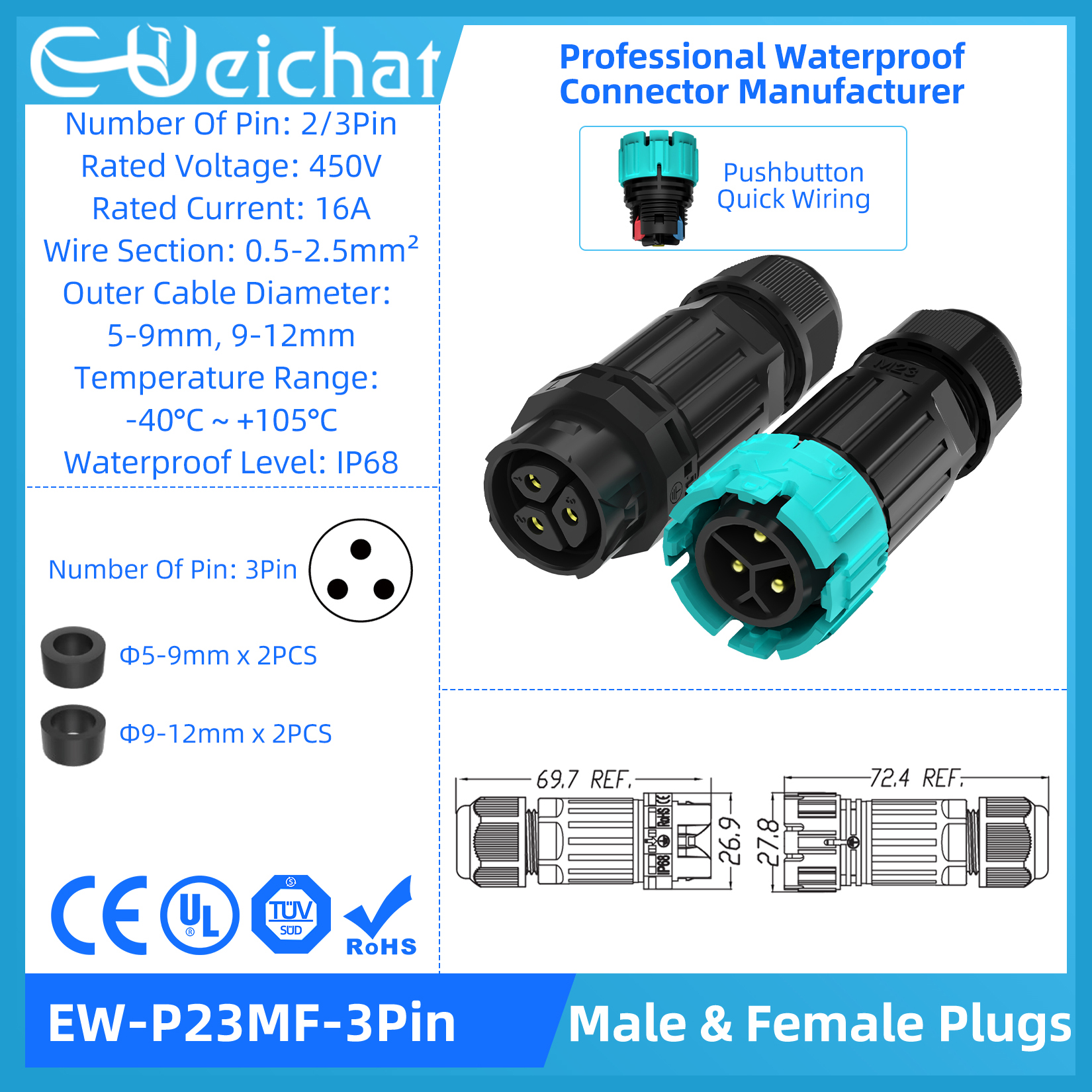 Conector eléctrico Circular de aviación, conector a prueba de agua IP68, desbloqueo rotativo, Serie de enchufe macho y hembra, M15-M28: Morado