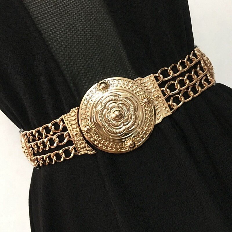 Women Flower Gold Belts Ladies Floral Elastic Metal Women Waist Belt For Dress Female Golden Chain Belt