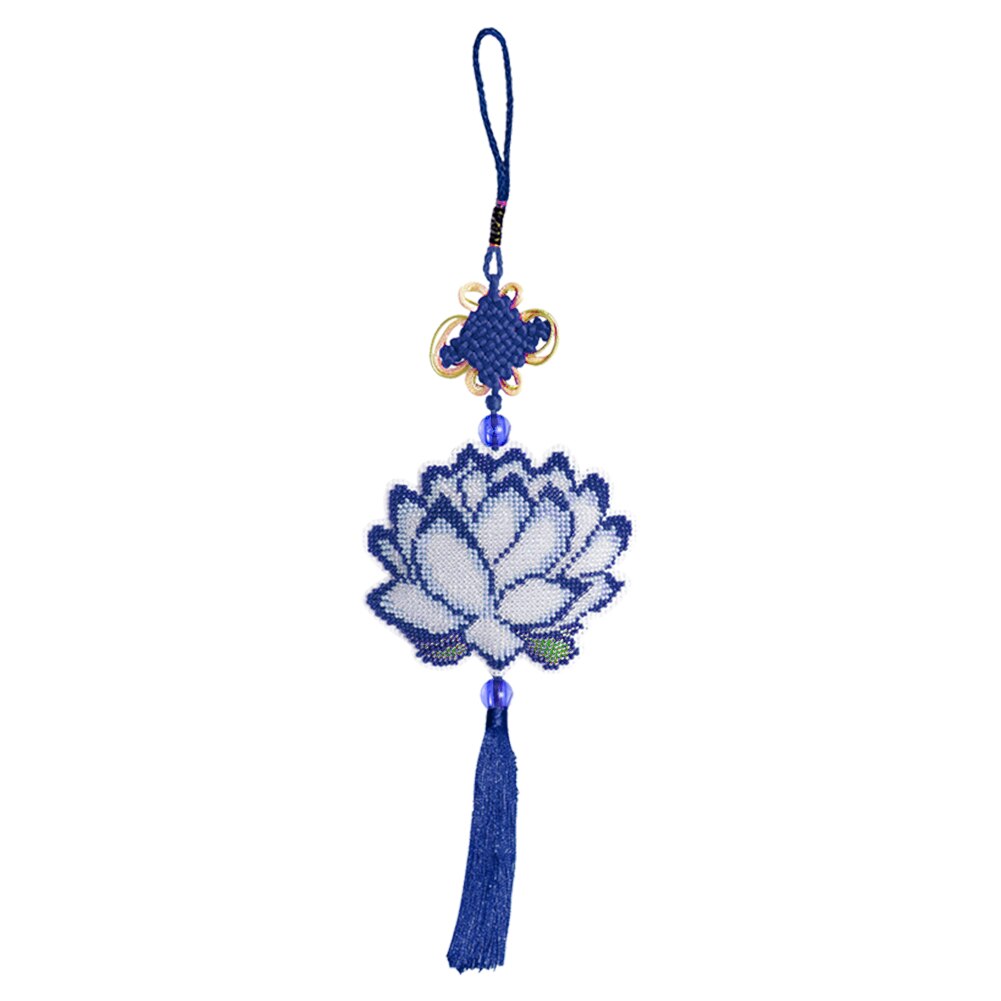 Kit de punto de cruz con cuentas, flor de loto bordado de hecho a mano, bolsa de llavero, decoración de colgante de coche, artesanía de adorno de nudo chino: 01