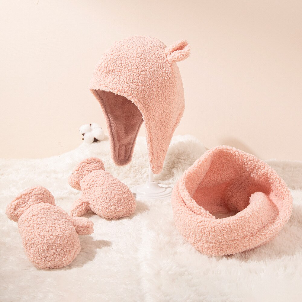 Kids Winter Warm Set Muts Sjaal Handschoenen 4 Stks/set Unisex Kind Teddy Kasjmier Fleece Motorkap Leuke Cap En Tonale sjaal Handschoenen
