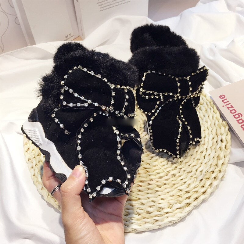Winter Kids Boog Snowboots Baby Meisjes Strass Enkellaars Kinderen Warm Prinses Schoenen Peuter Laarzen Bont Zwarte Laarzen: 13