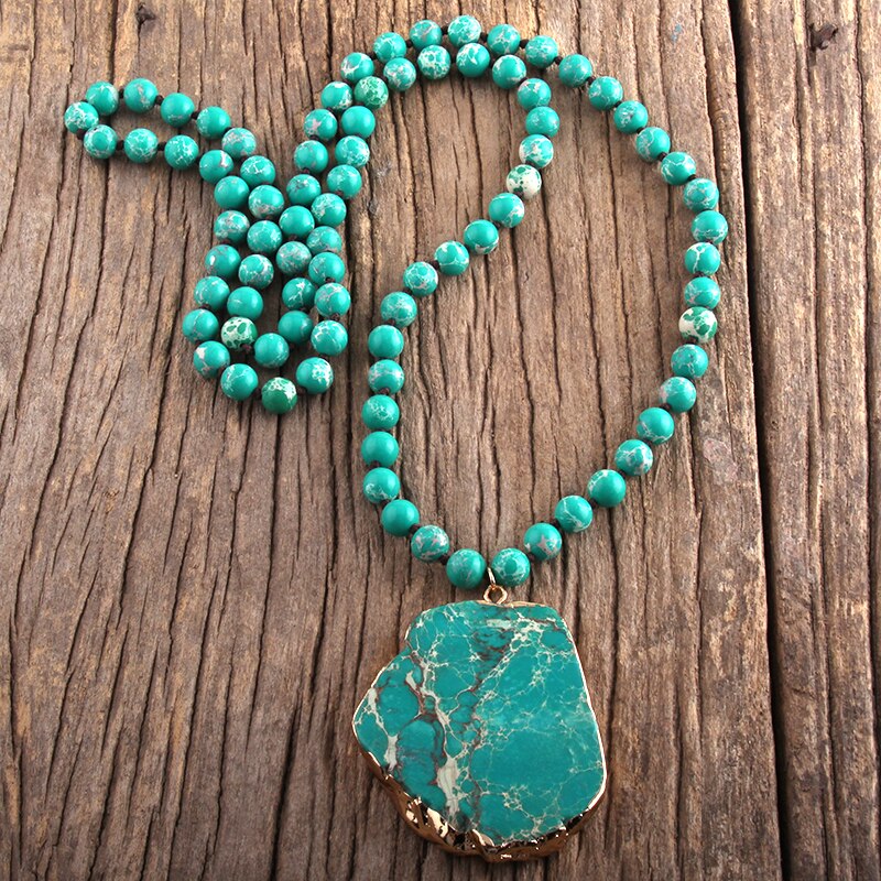 RH Boho Schmuck Blau Grün Stein Lange Verknotet Stein Anhänger Halsketten Frauen Halskette