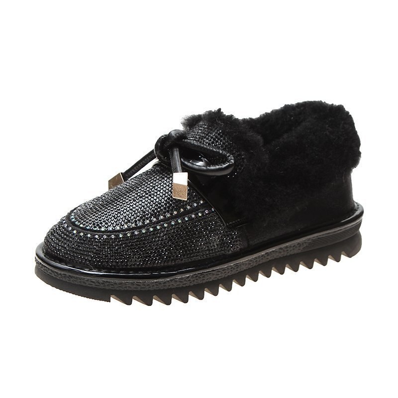 Glänsande kristallpärlor pälslägenheter kvinnor band bowtie plysch vinterskor antisladd strass ull päls mockasin kvinnor bomull loafers: Svart fluga / 6.5